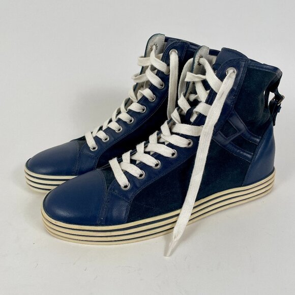 Women's Hogan Rebel R182 High Top Sneakers, Navy Blue Leather/Suede, Size 39 - Picture 2 of 14